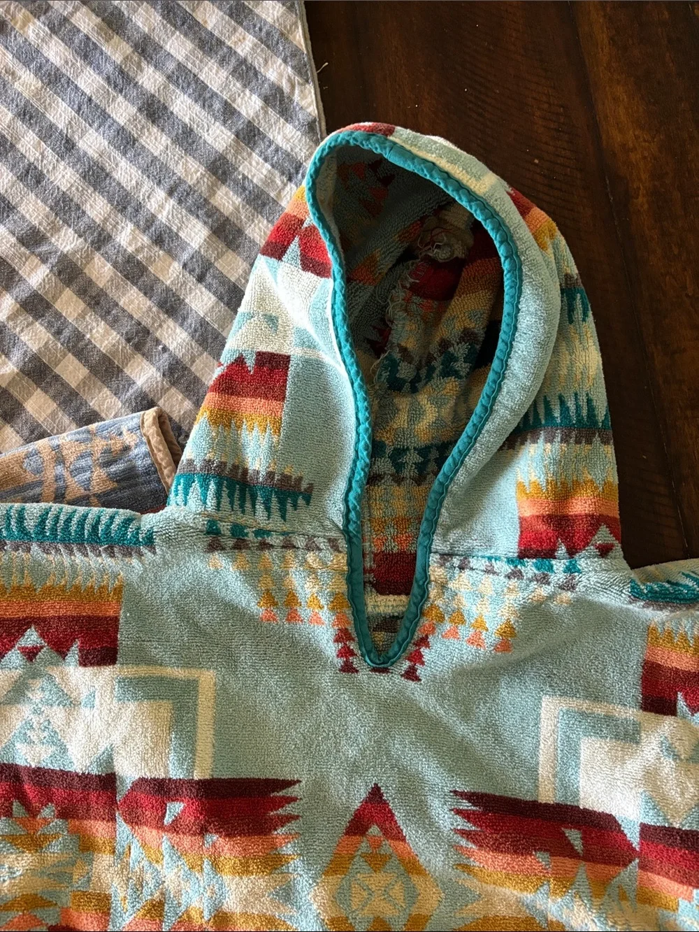 Kids Hooded Poncho Towels - Aqua Tribal Print